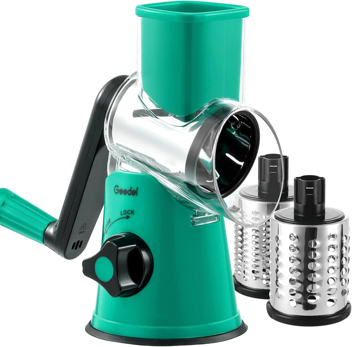 Geedel Kitchen Cheese Grater, Rotary Mandoline Vegetable Slicer with Interchangeable Blades, Easy to Use Rotary Grater Slicer for Fruit, Vegetables, Nuts - PuriLite