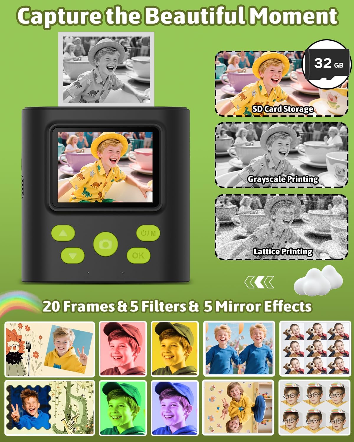 Mgaolo Kids Camera with Instant Print, Thermal Printing Digital Camera Gift for 3-12 Years Old Children, Safe Ink-Free Design, Toy for Creativity & Learning (Black) - PuriLite