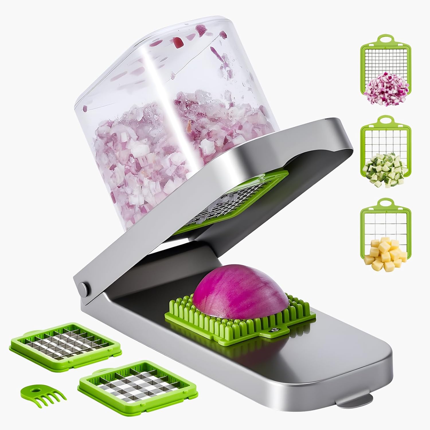 VEVOR Vegetable Chopper, Food Veggie Cutter with 3 Stainless Steel Blades, Onion Slicer with Container, Salad Potato Dicer Kitchen Gadgets & Essentials Home Appliances Tools for Easy DIY, Silver - PuriLite