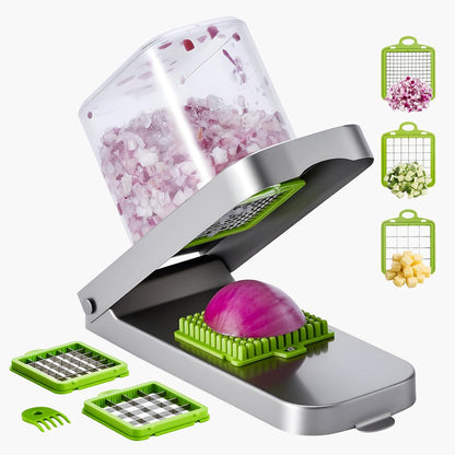 VEVOR Vegetable Chopper, Food Veggie Cutter with 3 Stainless Steel Blades, Onion Slicer with Container, Salad Potato Dicer Kitchen Gadgets & Essentials Home Appliances Tools for Easy DIY, Silver - PuriLite