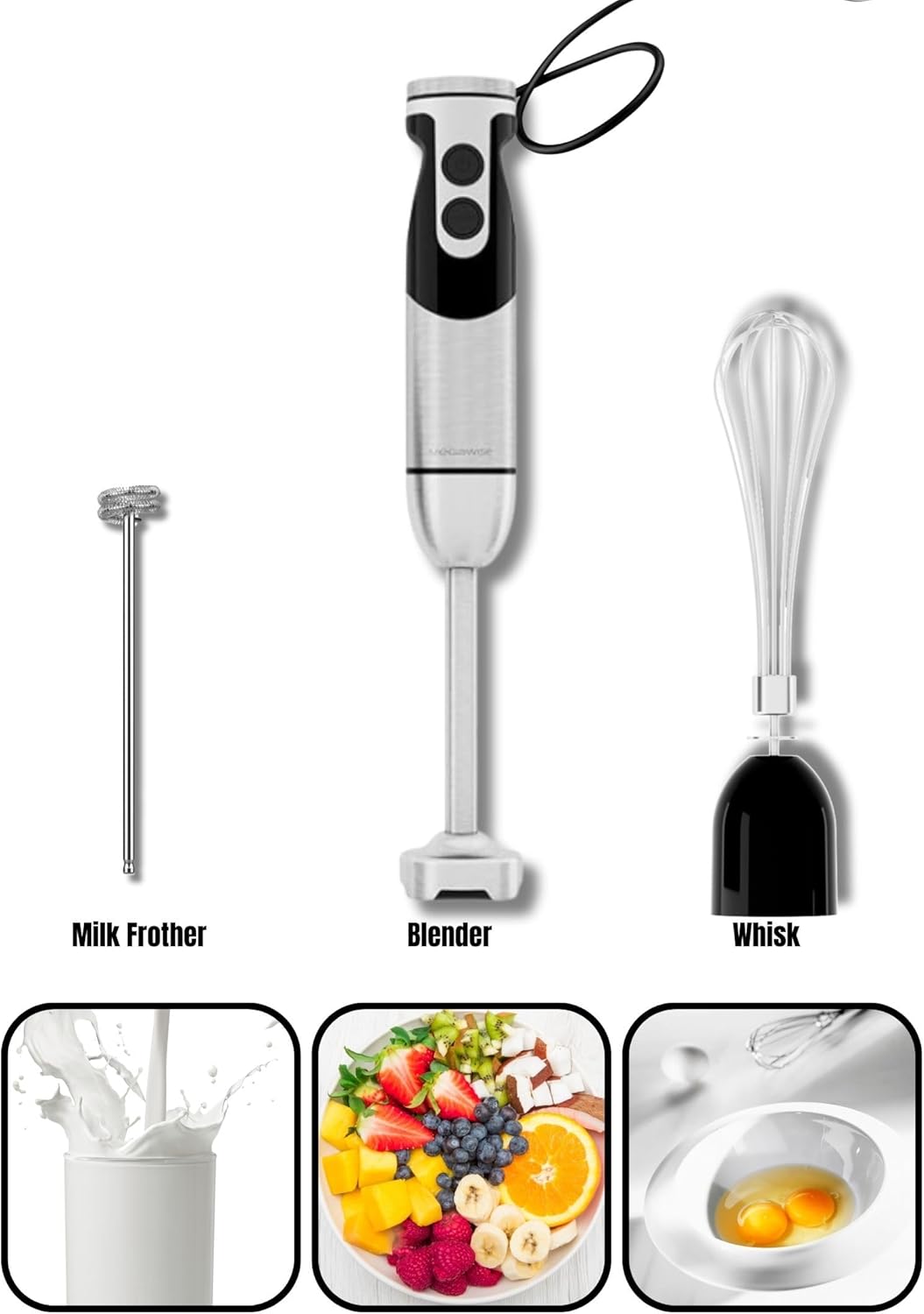 MEGAWISE new Hand Blender Series Only one Hand Blender,no attachments,12-Speed,Includes Powerful Blender Stick- Easy to Clean and Perfect for Smoothies, and More (Black) - PuriLite
