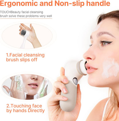 Facial Cleansing Brush Electric Facial Exfoliating Massage Brush with 3 Cleanser Heads and 2 Speeds Adjustable for Deep Cleaning, Removing Blackhead, Face Massaging - PuriLite