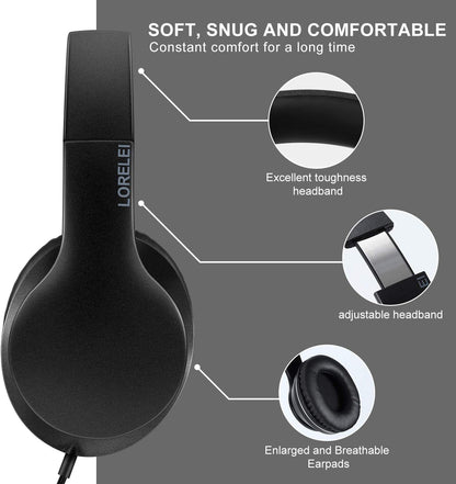 LORELEI X6 Over-Ear Headphones With Microphone, Lightweight Foldable & Portable Stereo Bass With 1.45M No-Tangle Wired for Smartphone Tablet MP3/4 (Black-Gold) - PuriLite