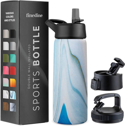 FineDine Water Bottle - Stainless Steel Insulated Water Bottle with Straw Lid, Flip Lid & Wide-Mouth Cap - Keeps Hot and Cold - 25 Oz / 739ml - Pure Pearly White - PuriLite