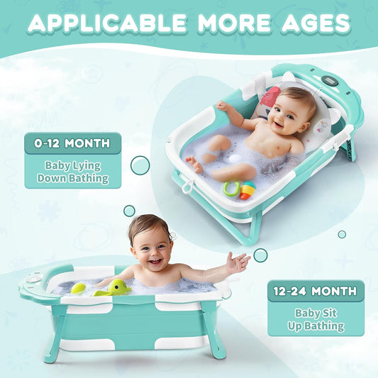 Baby Bathtub with Thermometer & Cushion, Portable Tub for 0-36 Months