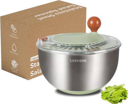 Lunememo Stainless Steel Salad Spinner, Lettuce Spinner with Drain, Non-Slip Base, Stop Button, Vegetable Dryer, BPA Free, 5L - PuriLite