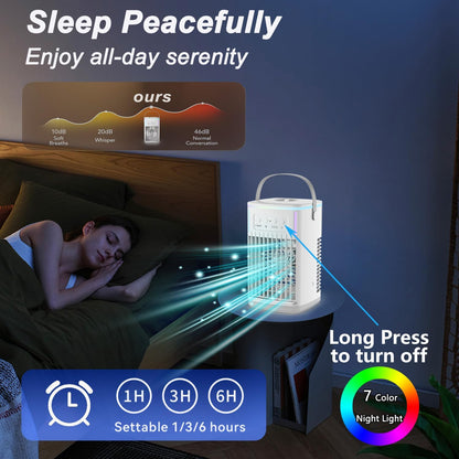 Portable Air Conditioners Fan with Remote, 4-in-1 Portable AC with 1500ml Water Tank, 3 Wind Speeds, 6H Timer, 2 Cool Mist, 7 Lights, Personal Mini Air Conditioner for Room Bedroom Office (Black) - PuriLite