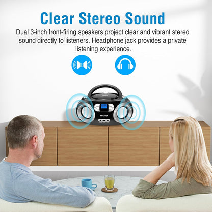MEGATEK Portable CD Player Boombox with FM Radio, Bluetooth, USB Port, AUX Input, and Headphone Jack – CD-R/CD-RW/MP3-CD Compatible, Clear Stereo Sound, Backlit LCD Display – Black - PuriLite