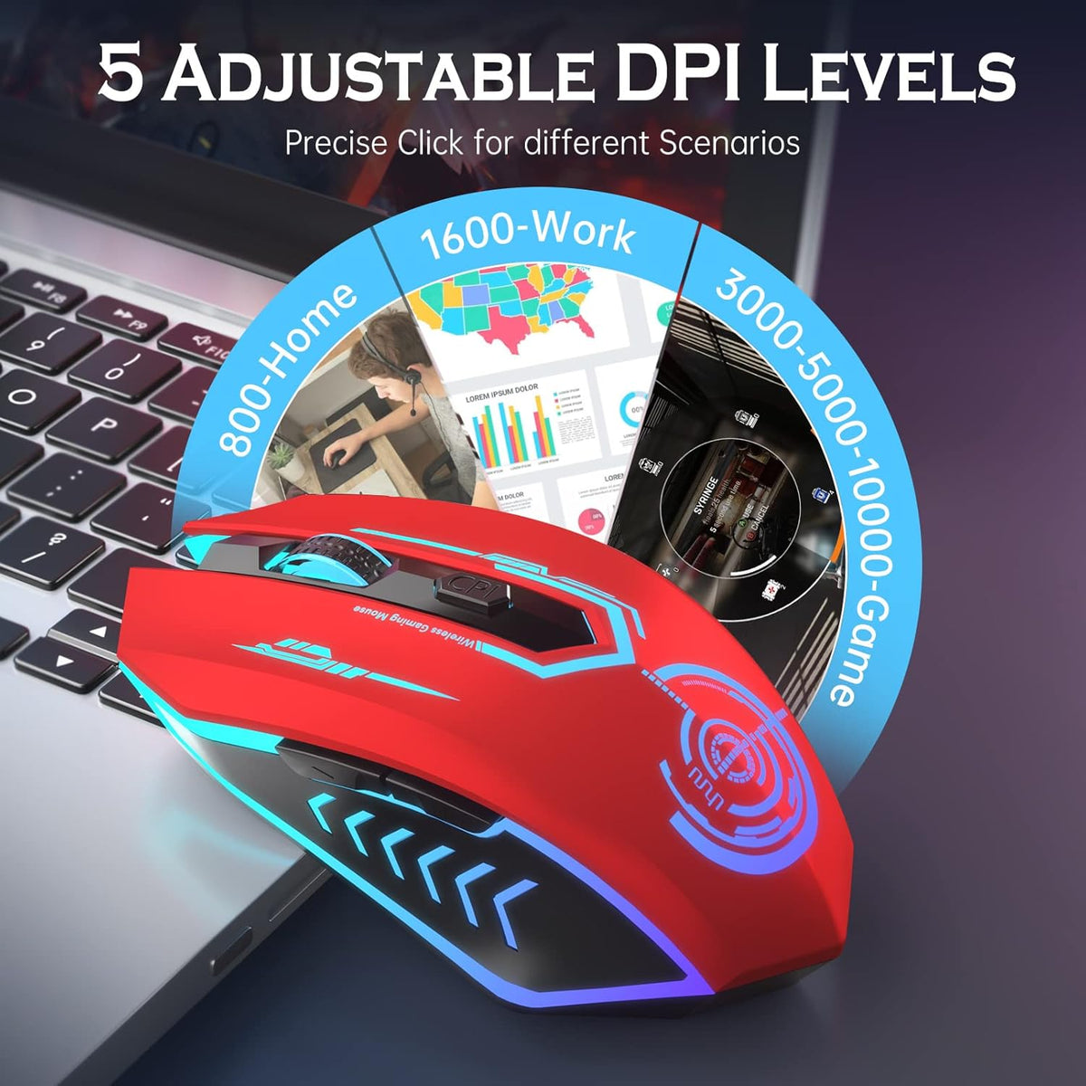 Wireless Gaming Mouse Up to 10000 DPI, UHURU Rechargeable USB Wireless Mouse with 6 Buttons 7 Changeable LED Color Ergonomic Programmable MMO RPG for PC Laptop, Compatible with Windows Mac - PuriLite