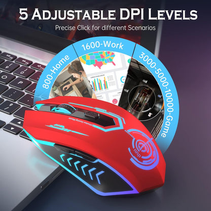 Wireless Gaming Mouse Up to 10000 DPI, UHURU Rechargeable USB Wireless Mouse with 6 Buttons 7 Changeable LED Color Ergonomic Programmable MMO RPG for PC Laptop, Compatible with Windows Mac - PuriLite