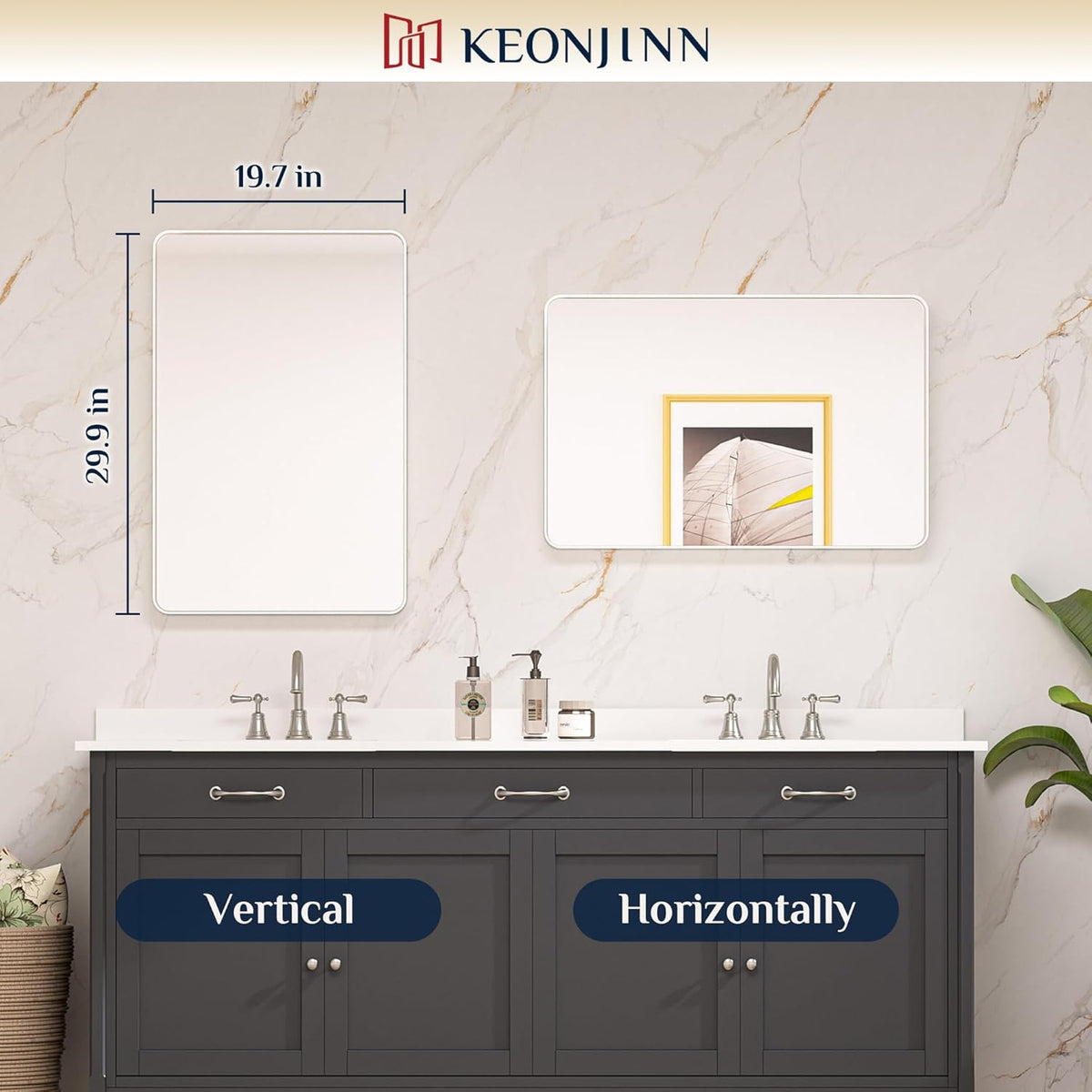 Keonjinn 42 x 36 Brushed Nickel Bathroom Vanity Mirror, Large Rounded Rectangle Bathroom Mirrors for over Sink, Metal Framed Silver Mirror for Wall, Shatterproof HD Tempered Glass(Horizontal/Vertical) - PuriLite