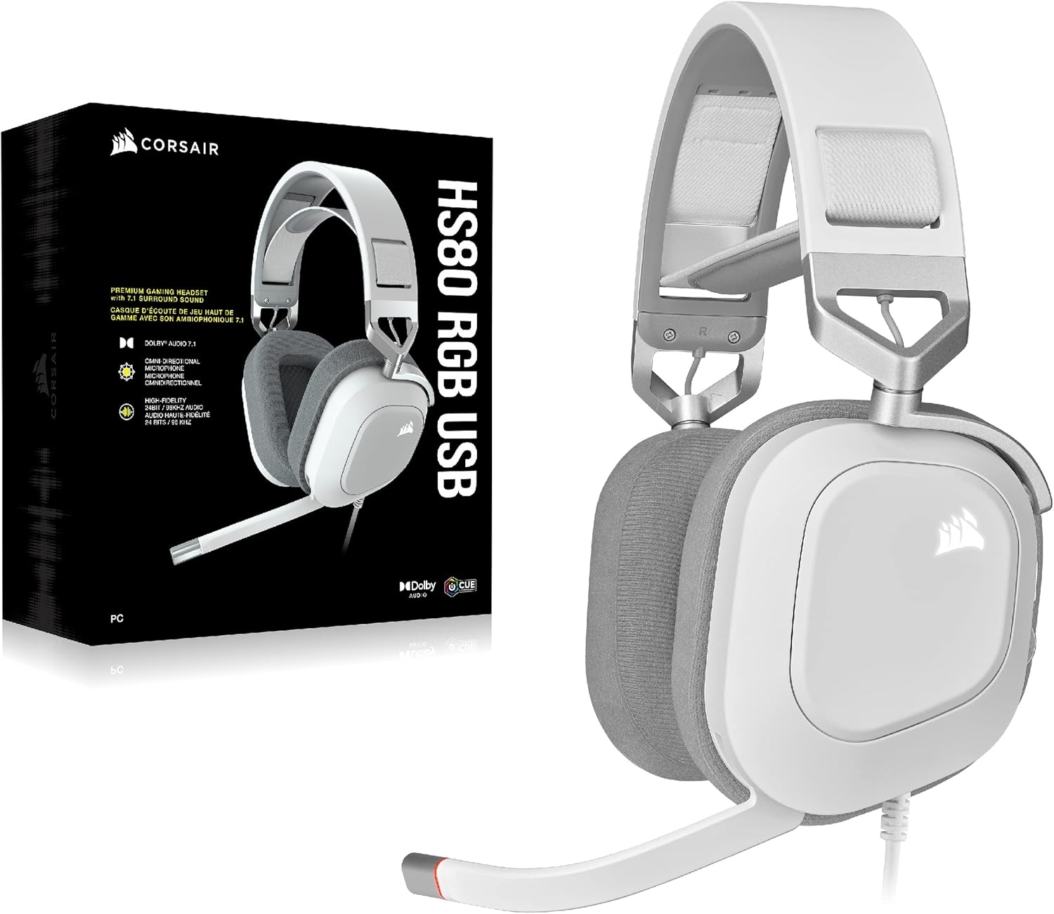 Corsair HS80 RGB USB Premium Gaming Headset with Dolby Audio 7.1 Surround Sound (Broadcast-Grade Omni-Directional Microphone, Memory Foam Earpads, High-Fidelity Sound, Durable Construction) Carbon - PuriLite