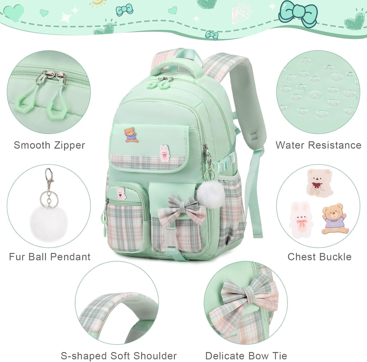 ACESAK Girls Backpack - 3PCS Backpack for Girls Cute School Backpacks for Girls Kindergarten - PuriLite