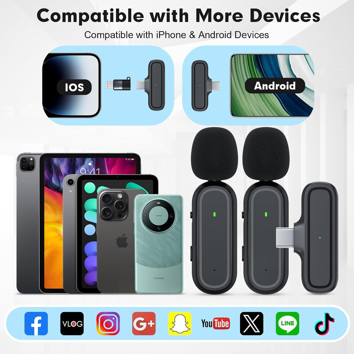 3 in 1 Wireless Lavalier Microphone for iPhone iPad Android Camera USB-C, Mini Microphone with Noise Reduction, Plug-Play Wireless Microphone for YouTube, Video Recording, Interviews, TikTok, Vlog - PuriLite