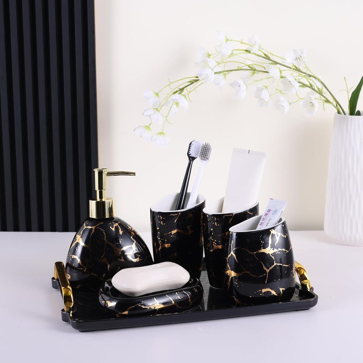 White Bathroom Accessories Set,Modern Countertop Bathroom Decor,Luxury 6 Piece Bathroom Accessory Set,Complete with Soap Dispenser,Toothbrush Holder,Tumbler,Tray - PuriLite