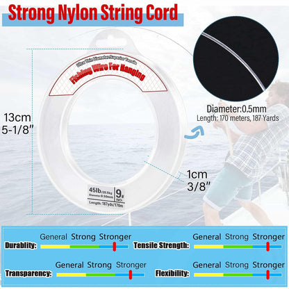 Clear Fishing Wire, Acejoz 656FT Fishing Line Clear Invisible Hanging Wire Strong Nylon String Supports 40 Pounds for Balloon Garland Hanging Decorations - PuriLite