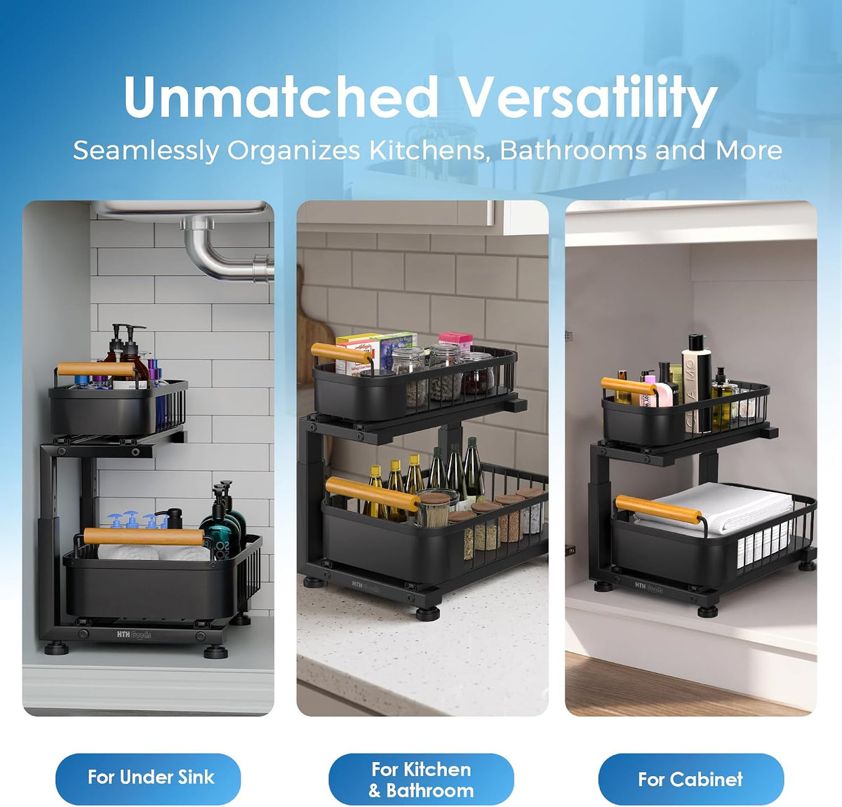 Premium Large Under Sink Organizer, 2-Tier Pull Out, Adjustable Heavy-duty carbon steel, 7 adjustable heights, smooth ball-bearing baskets for kitchen and bathroom cabinets
