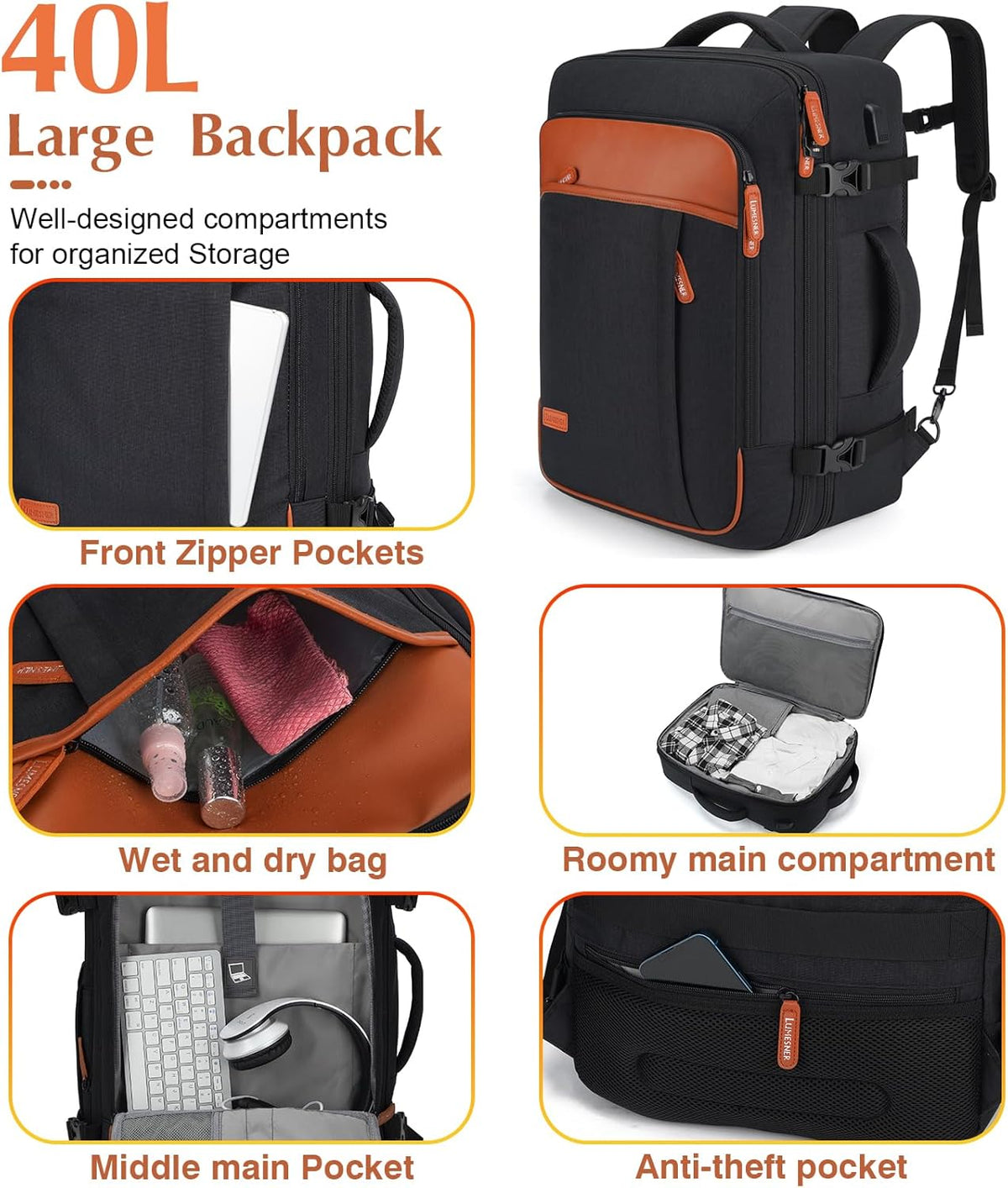 Lumesner Carry on Backpack, Extra Large 40L Flight Approved Travel Backpack for Men & Women - PuriLite