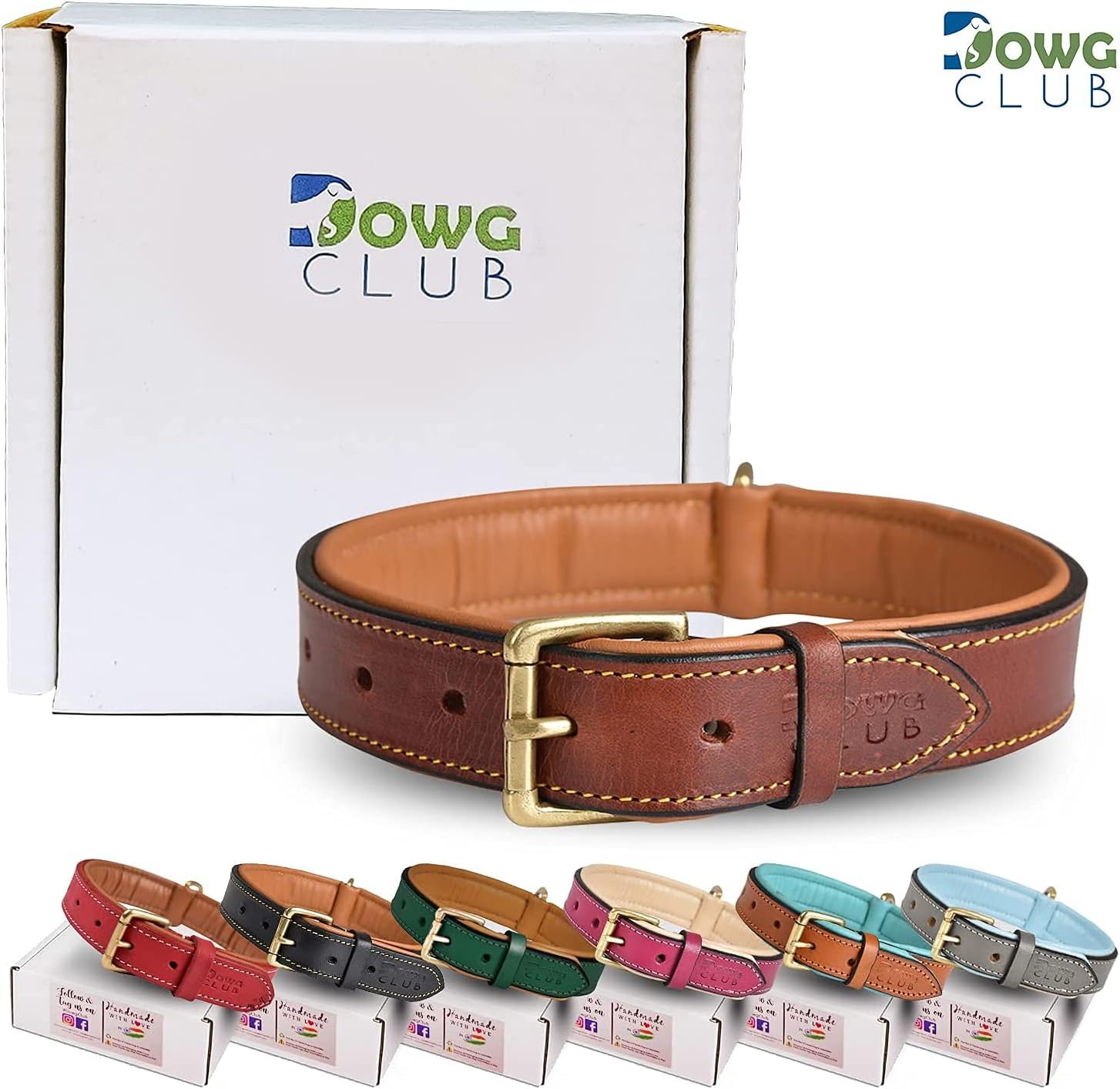DowgClub | Genuine Leather Dog Collar | Full Grain, Heavy Duty | Comfortable, Strong | Best for Pups, Small, Medium & Large Breeds | Pink, Brown, Black, Tan - PuriLite