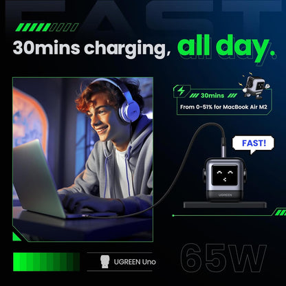 UGREEN Uno 65W USB C Charger Block, Nexode GaN Fast Charging 3-Port, Compact Wall Plug Power Adapter for MacBook Pro/Air, iPhone 16 15 Pro, Galaxy S24 Ultra, Pixel 8, iPad, Steam Deck, Black - PuriLite