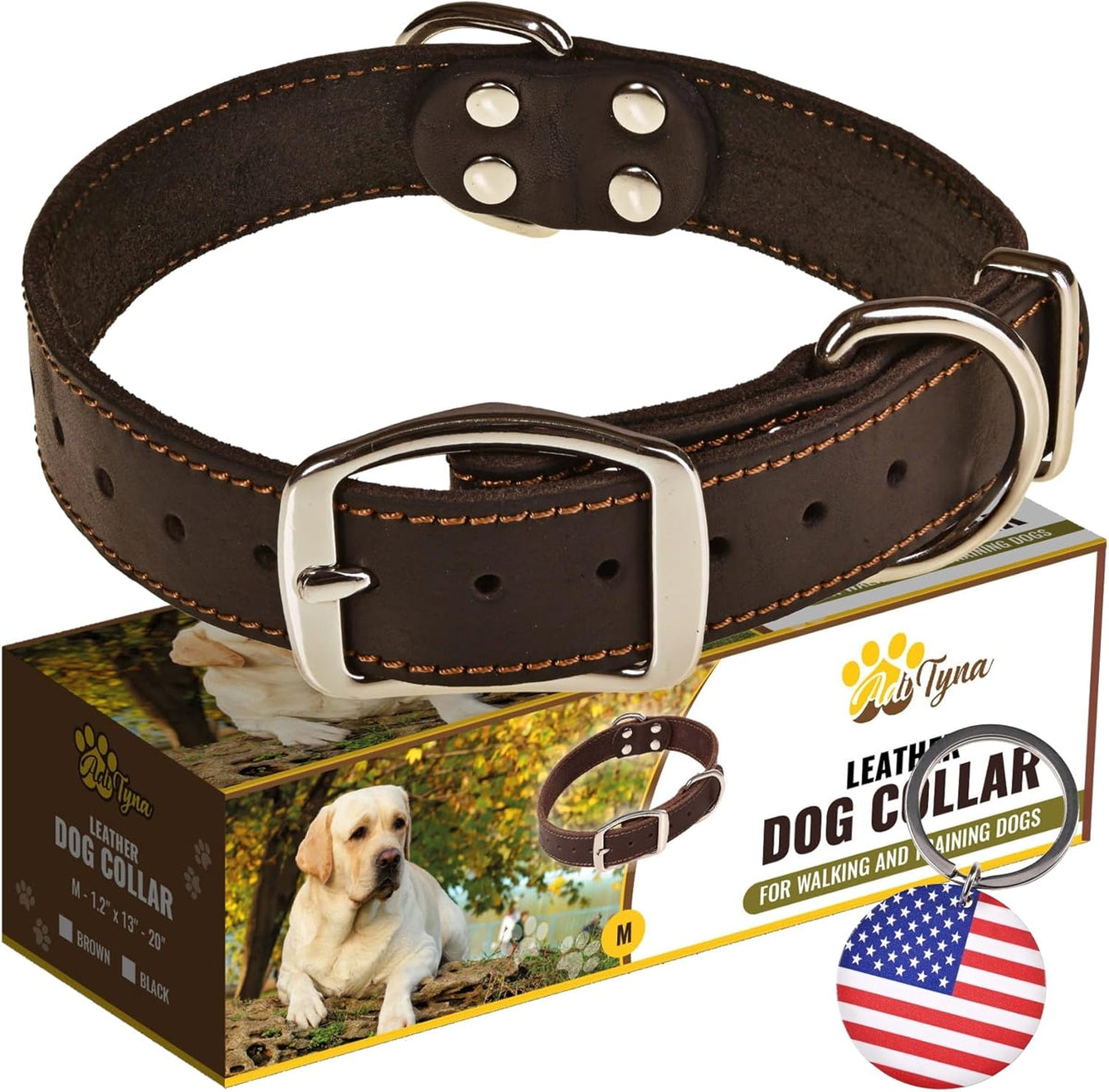 ADITYNA Heavy-Duty Leather Dog Collar for Medium Dogs - Soft and Strong, 100% Genuine Leather - Collier Pour Chien (Medium: Fit 13" - 20" Neck, Brown) - PuriLite
