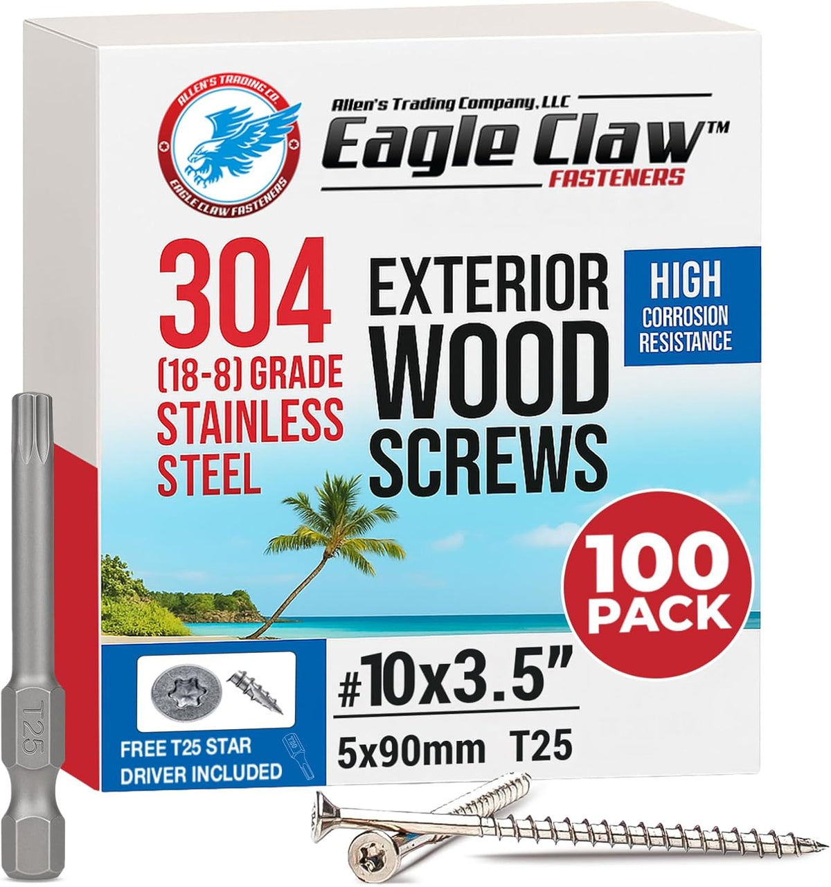 #10 x 3 Inch Stainless Steel Deck Screws 350 Pieces | T25 Star Torx Drive Flat Head | 304 Grade Stainless Steel Wood Screws High Corrosion Resistance by Allen's Trading Co. Eagle Claw Fasteners - PuriLite