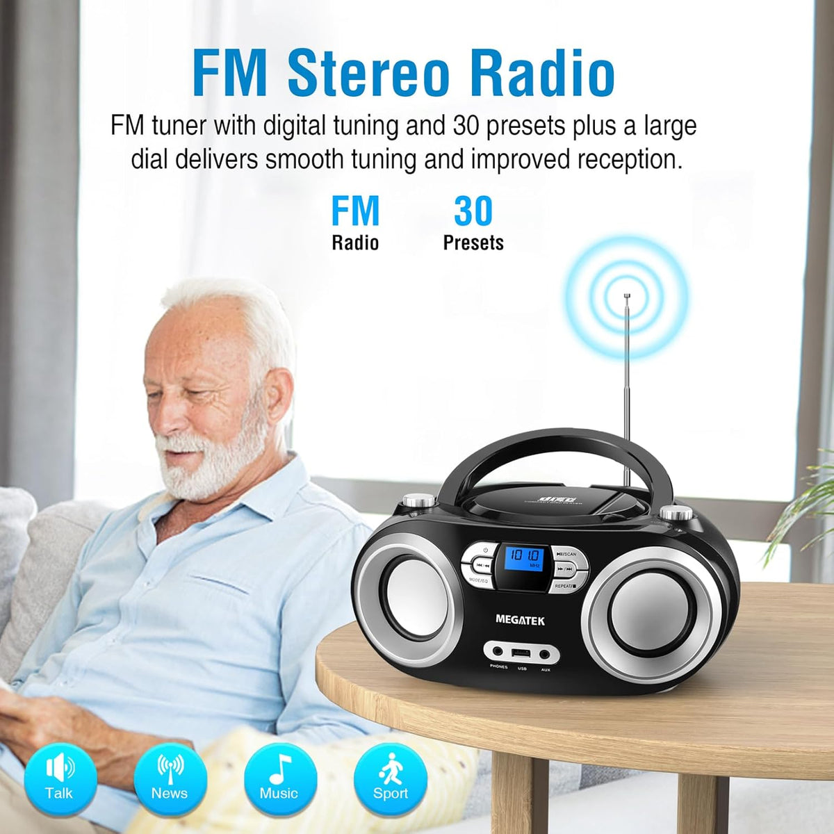 MEGATEK Portable CD Player Boombox with FM Radio, Bluetooth, USB Port, AUX Input, and Headphone Jack – CD-R/CD-RW/MP3-CD Compatible, Clear Stereo Sound, Backlit LCD Display – Black - PuriLite