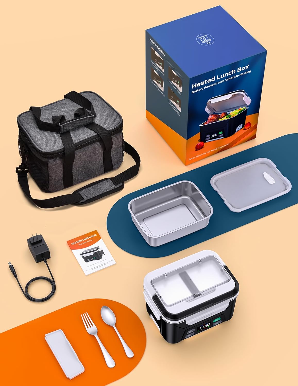 Docusvect Cordless Electric Lunch Box for Adults, Heated Lunch Box Battery Powered with Automatic Heating, 1.3L Portable Food Warmer with Removable Tray Divider - PuriLite