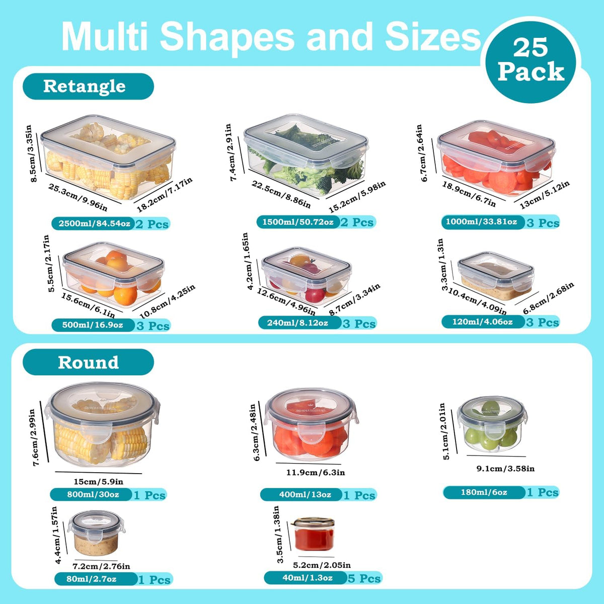 Pure Future 50-Piece Large Airtight Food Storage Containers with Lids, BPA-Free Stackable & Microwave Safe Kitchen Set for Meal Prep, Freezer Use - 25 Containers & Lids, Leakproof Design - PuriLite