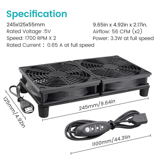 Wathai High Airflow Router Cooling Fan for Computer Cooler TV Small Box DC 5V USB Power 120mm 240mm Fan with Multi Speed Controller - PuriLite