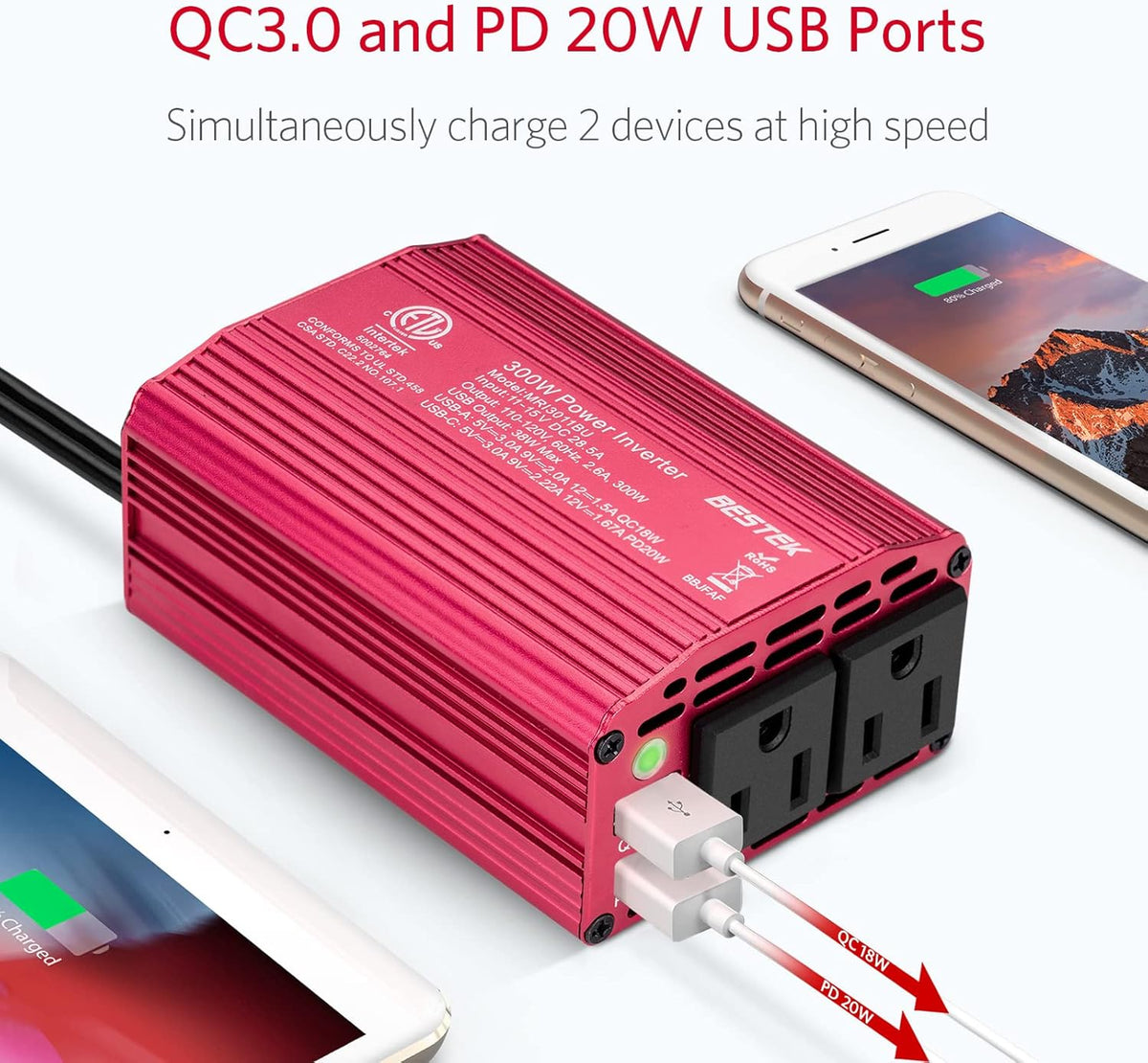 BESTEK 300W Car Power Inverter with 20W PD USB C and QC3.0 Quick Charging, DC 12V to 110V AC Car Plug Adapter Outlet Converter Multi-Protection Car Charger Power Inverter for Laptop Computer - PuriLite