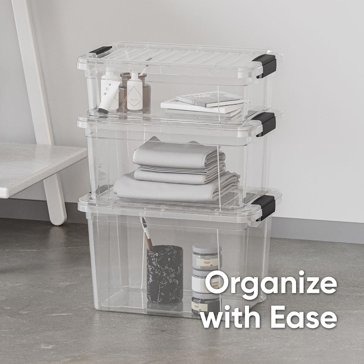 Superio Storage Bins with Lids- 3 Pack, 1.85 Qt Clear Boxes for Organizing, Stackable Plastic Containers- BPA Free, Non-Toxic, Odor Free, Organizer for Home, Office, Dorm - PuriLite