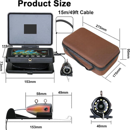 Underwater Fishing Camera for Rod, 5 Inch LCD Monitor with 1080P Portable Fish Finder, Adjustable LED White Light, 15M Cable Aluminum IP68 Camera for Ice Lake Sea Boat Kayak Fishing - PuriLite
