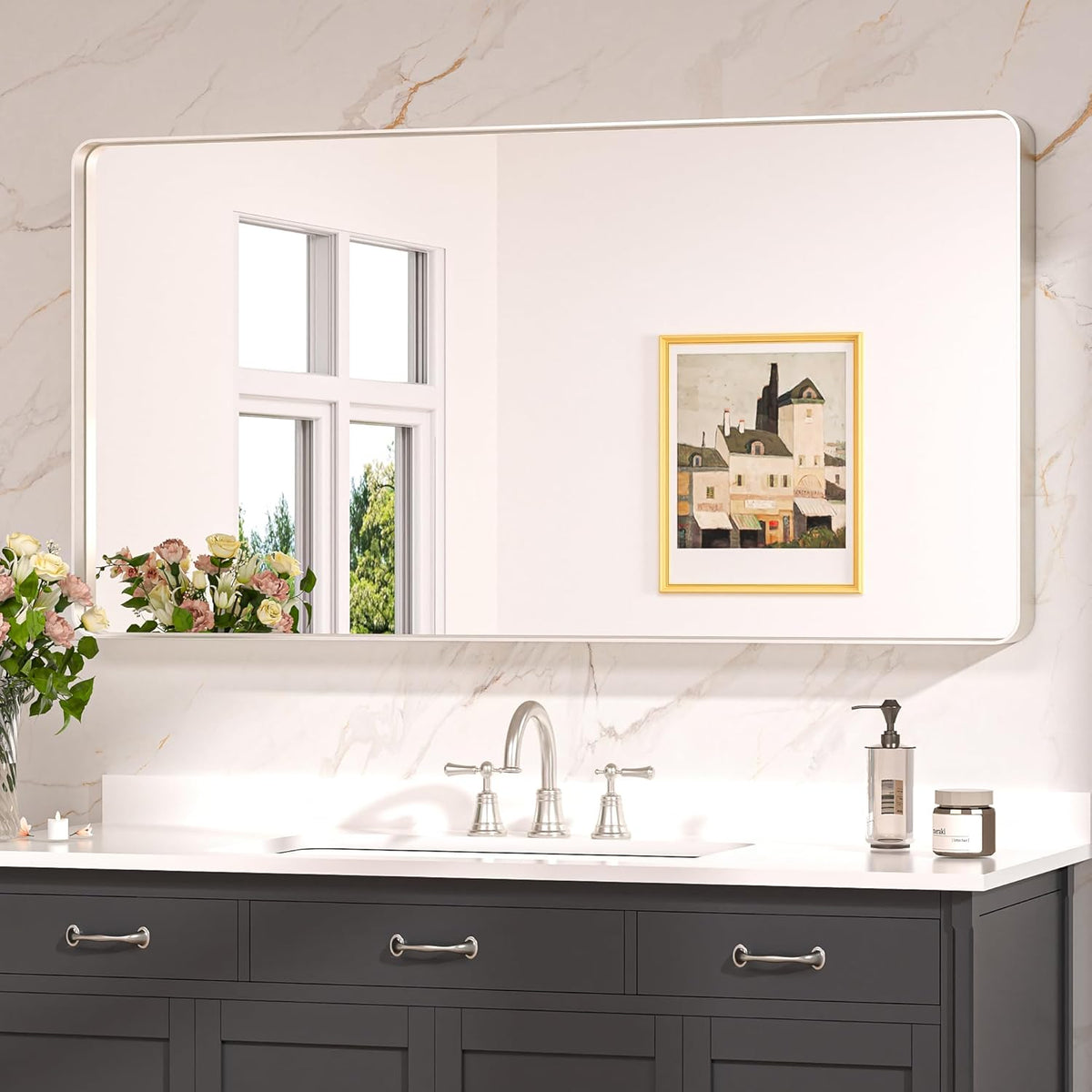 Keonjinn 42 x 36 Brushed Nickel Bathroom Vanity Mirror, Large Rounded Rectangle Bathroom Mirrors for over Sink, Metal Framed Silver Mirror for Wall, Shatterproof HD Tempered Glass(Horizontal/Vertical) - PuriLite