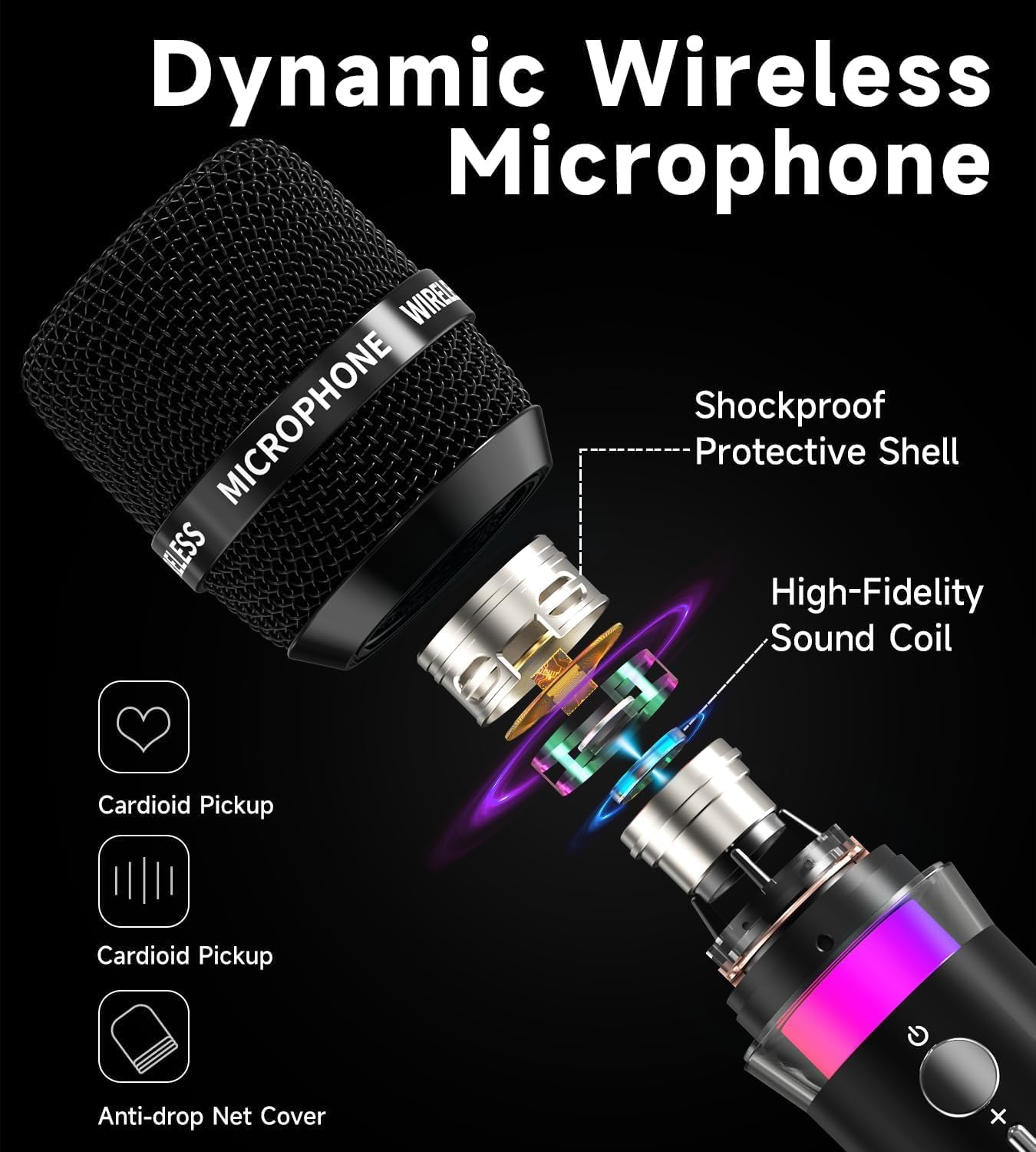 Wireless Microphone, Rechargeable Wireless Microphones with One-to-One Chip Connection and LED Lights, 40H Duration, 200FT Range Receiving, Less Latency Karaoke Microphone for Singing, Speech, Party - PuriLite