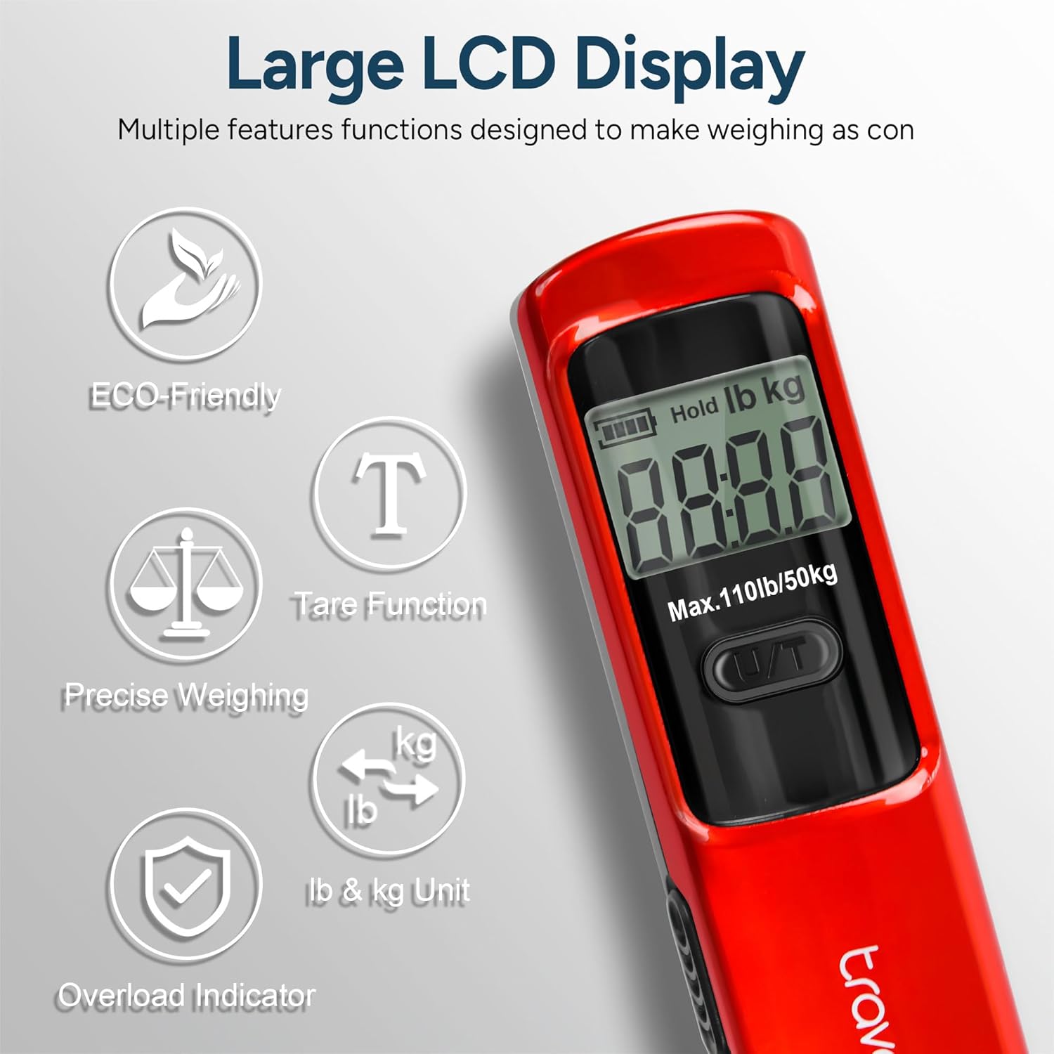 travel inspira Luggage Scale Battery-Free, Portable Handheld Digital Suitcase Scale for Travelling, 110lbs/50kg - PuriLite