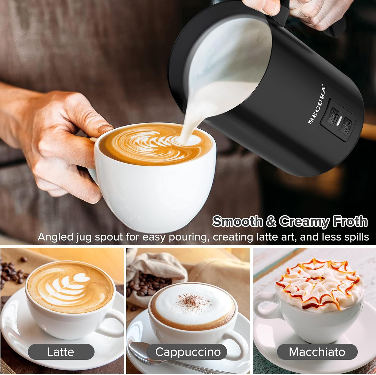 Secura Electric Milk Frother, Automatic Milk Steamer Warm or Cold Foam Maker for Coffee, Cappuccino, Latte, Stainless Steel Milk Warmer with Strix Temperature Controls (Black) - PuriLite