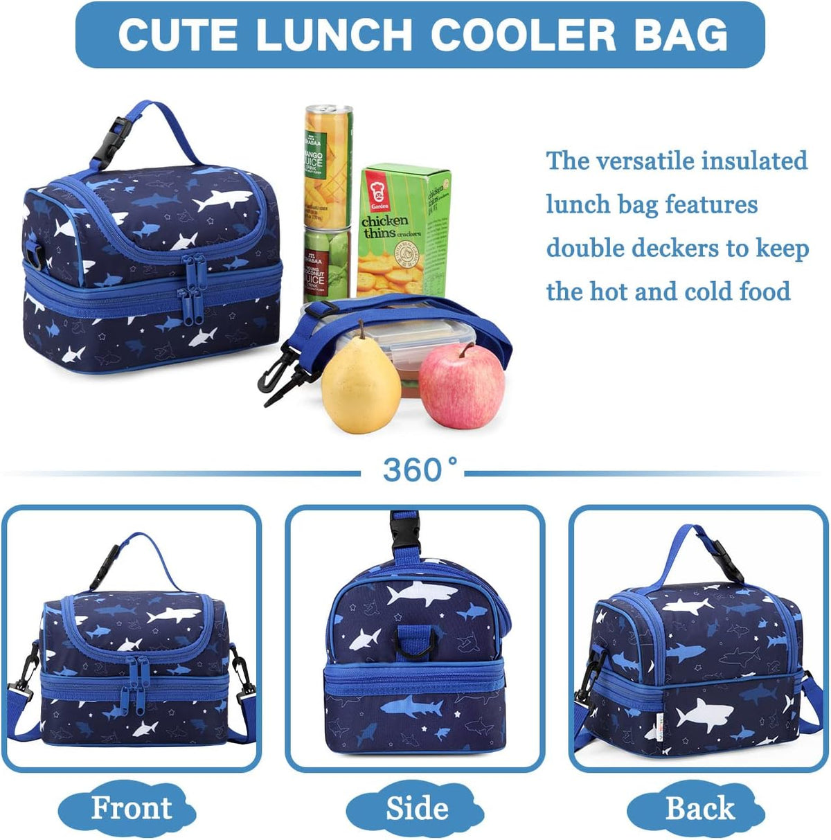 VASCHY Lunch Box Bag Men, Insulated Two Compartments Bento Cooler Bags for Adults/Women/Kids for School,Daycare,Kindergarten,Picnic Black - PuriLite