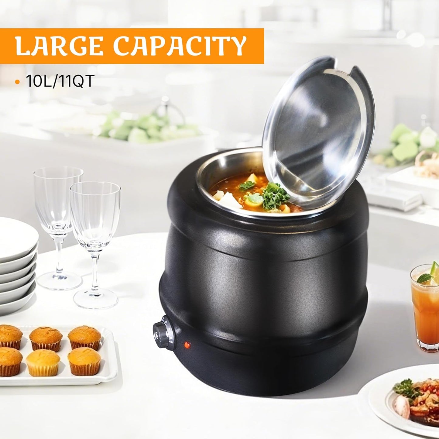 CLIVIA Soup Warmer, 11 Qt Soup Kettle Warmer Electric Commercial Food Kettle Warmer Coountertop with Hinged Lid & Detachable Stainless Steel Insert Pot for Restaurant/Buffet/Hotel/Family, Black - PuriLite