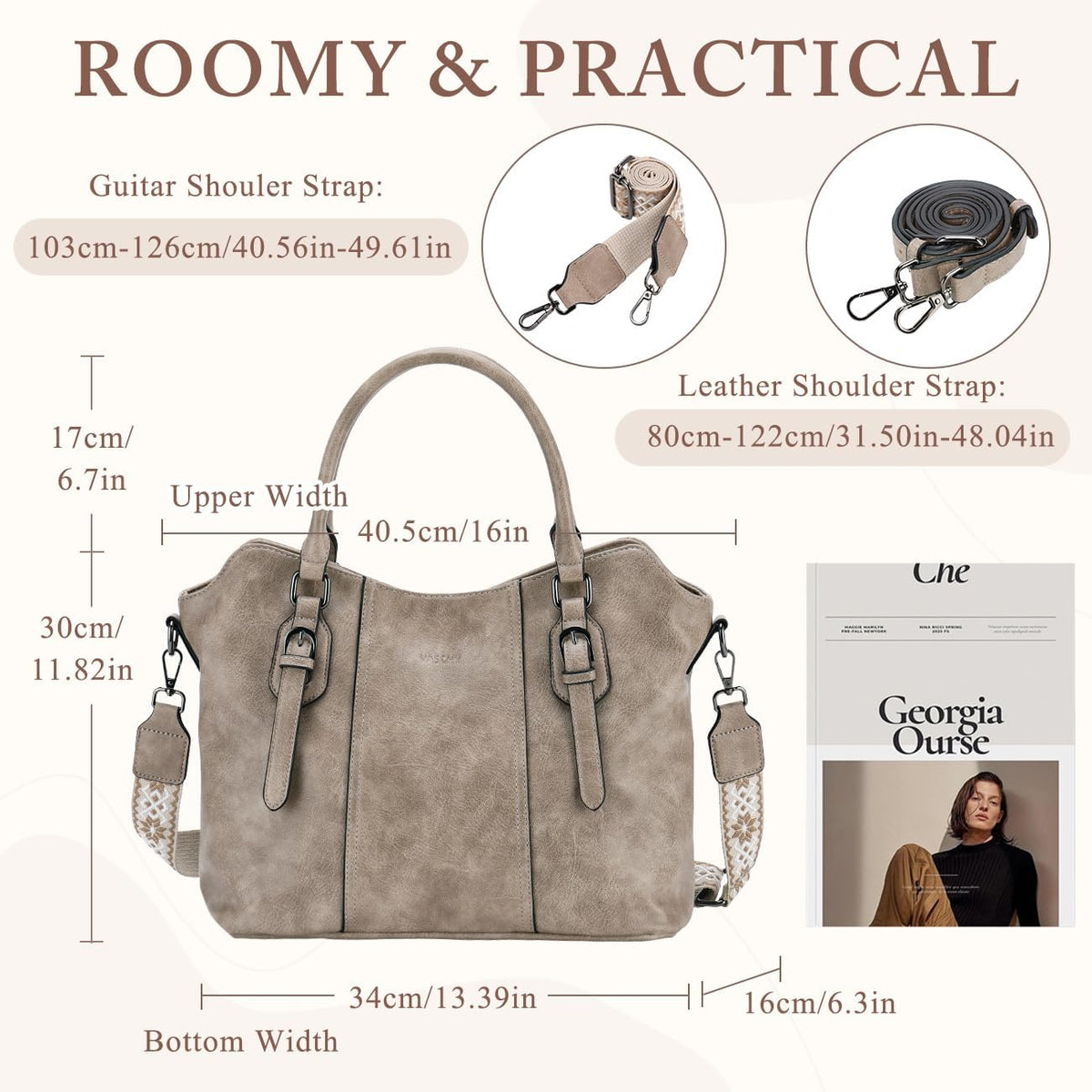 Hobo Bags for Women,VASCHY Vegan Leather Handbag Purse Top Handle Satchel Boho Shoulder Bag with Crossbody Guitar Strap - PuriLite