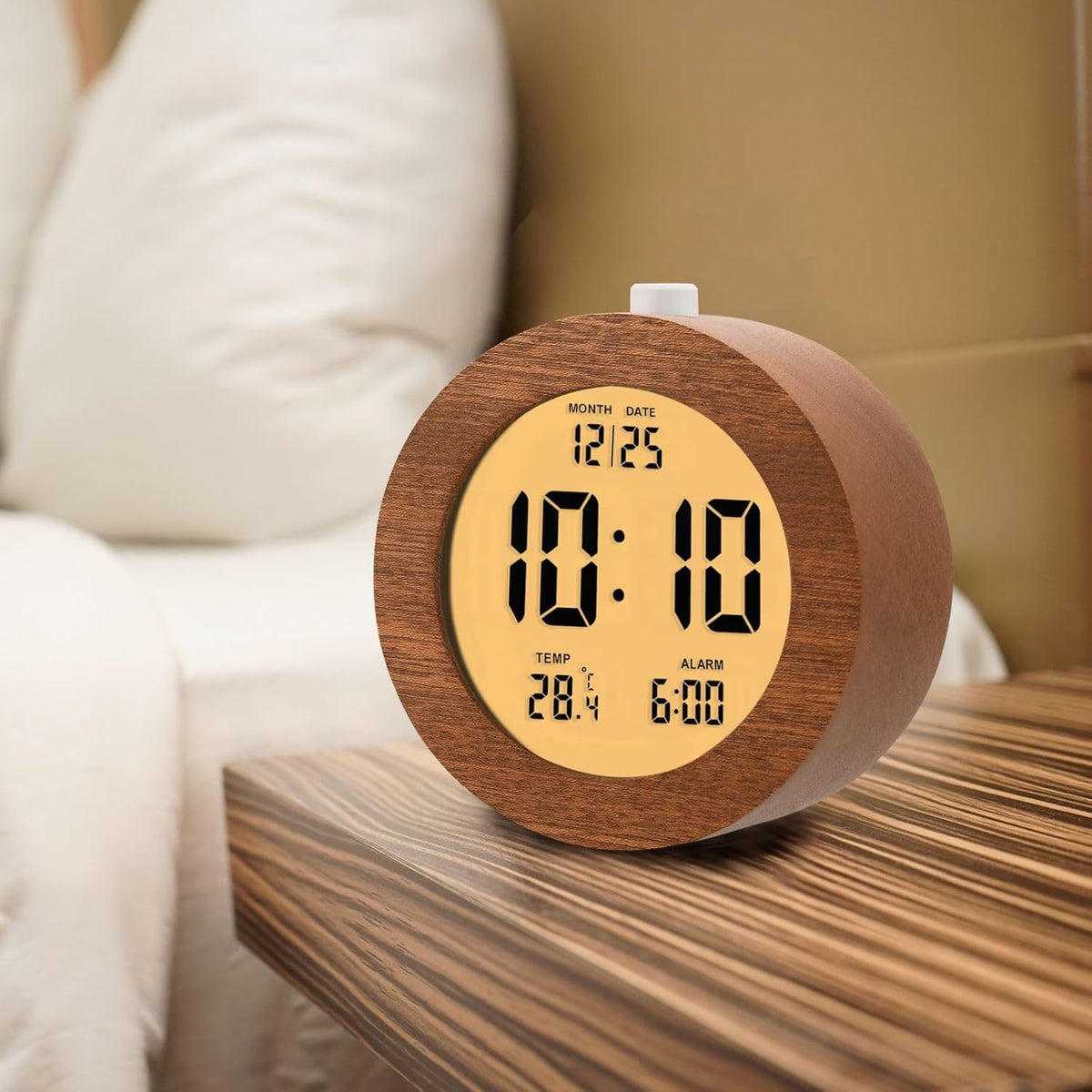 Plumeet Wooden Digital Alarm Clock for Bedrooms, Wood 4'' Battery Powered Alarm Clock with Snooze and Nightlight, Electronic LCD Desk Clock Display Time, Date, Temp, 12/24H, Wood Décor (Sapele, 3.2'') - PuriLite
