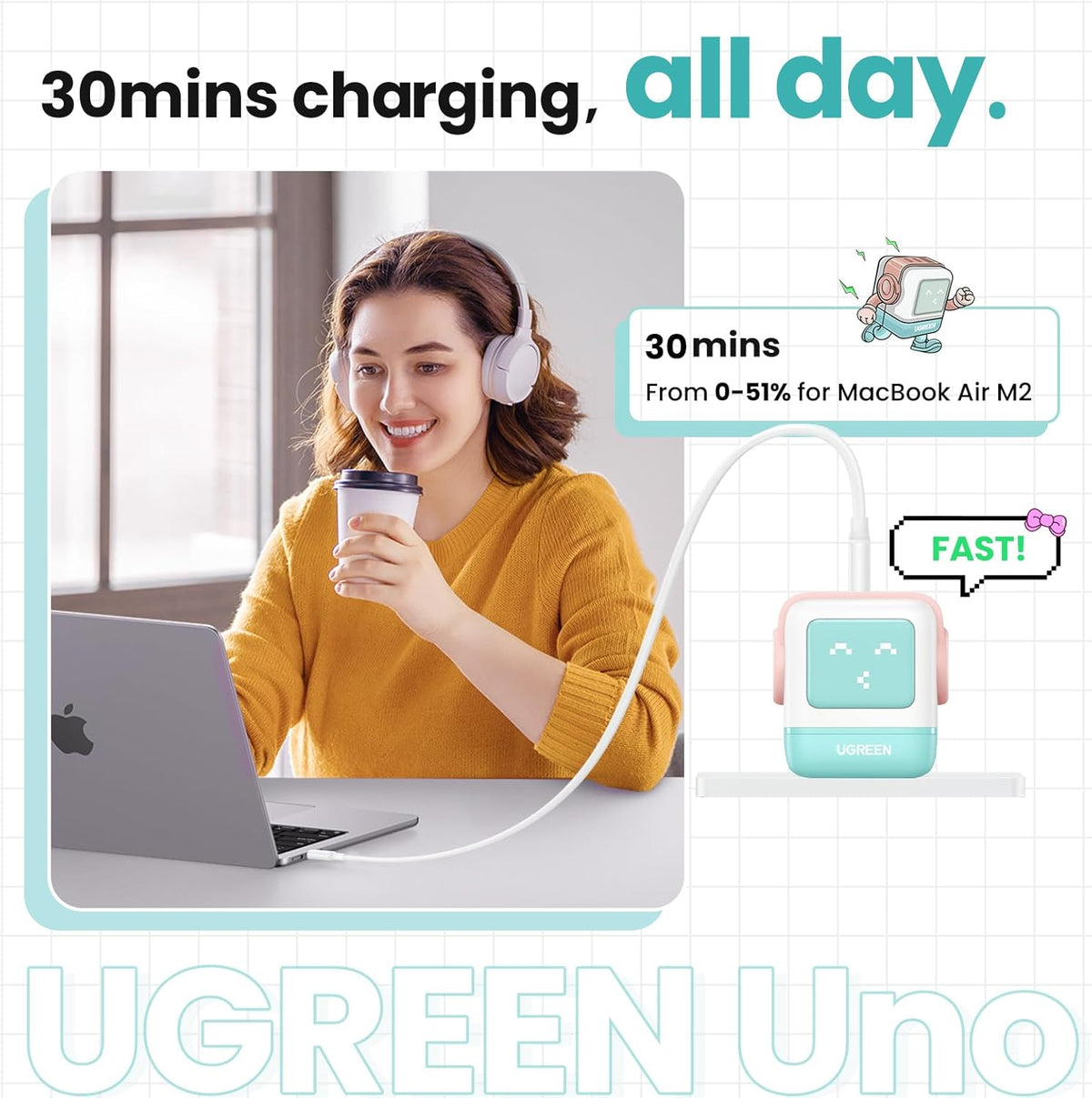 UGREEN Uno 65W USB C Charger Block, Nexode GaN Fast Charging 3-Port, Compact Wall Plug Power Adapter for MacBook Pro/Air, iPhone 16 15 Pro, Galaxy S24 Ultra, Pixel 8, iPad, Steam Deck, Black - PuriLite