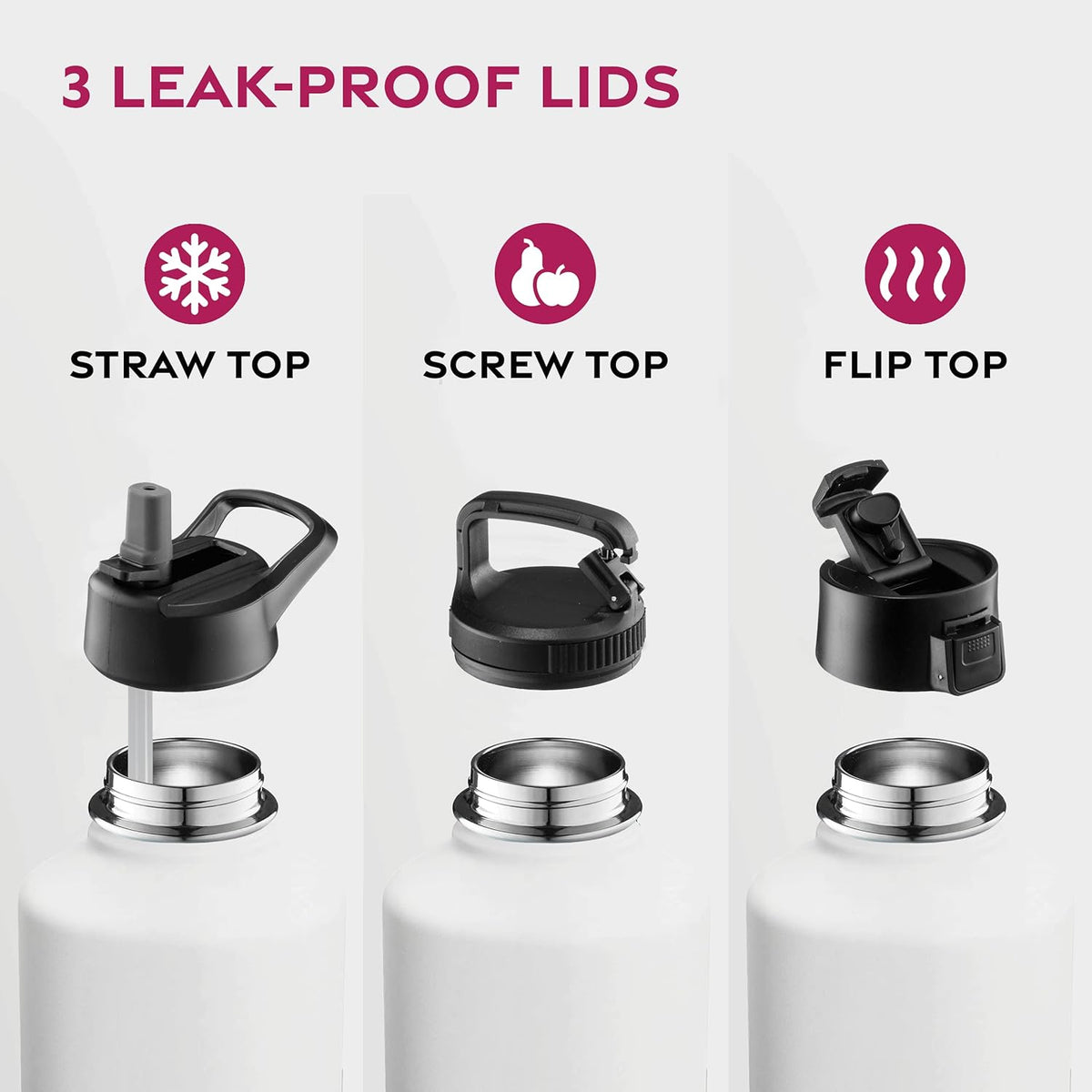 FineDine Water Bottle - Stainless Steel Insulated Water Bottle with Straw Lid, Flip Lid & Wide-Mouth Cap - Keeps Hot and Cold - 25 Oz / 739ml - Pure Pearly White - PuriLite