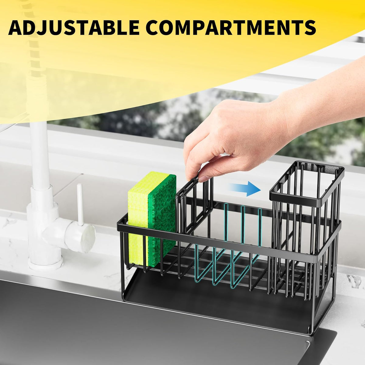 Cisily Kitchen Sink Caddy Organzier with High Brush Holder, Sponge Holder for Sink, 304 Rustproof Stainless, Kitchen Countertop Soap Dispenser Organizer, Kitchen Decor and Accessories (Black) - PuriLite