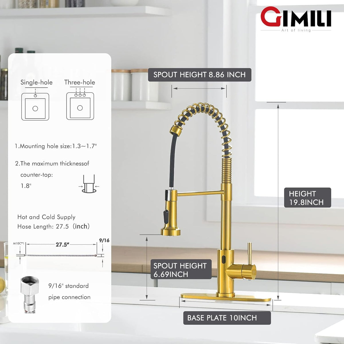GIMILI Matte Black Kitchen Faucet with LED Light,Single Hole Spring Kitchen Sink Faucet with Pull Down Sprayer - PuriLite