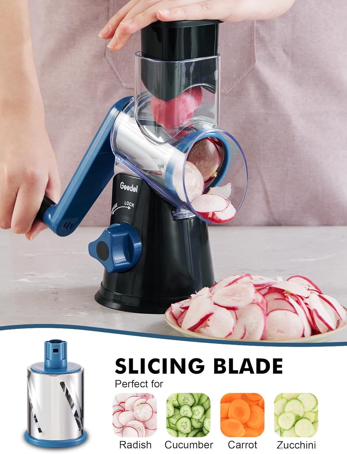 Geedel Kitchen Cheese Grater, Rotary Mandoline Vegetable Slicer with Interchangeable Blades, Easy to Use Rotary Grater Slicer for Fruit, Vegetables, Nuts - PuriLite
