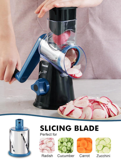 Geedel Kitchen Cheese Grater, Rotary Mandoline Vegetable Slicer with Interchangeable Blades, Easy to Use Rotary Grater Slicer for Fruit, Vegetables, Nuts - PuriLite