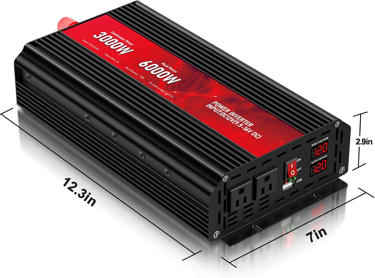 3000W Power Inverter,12V DC to AC 110V120V Peak Power 6000W with 2AC Outlets and 2.4USB Port,LCD Display Car Inverter for Outdoor Activities,Emergency - PuriLite