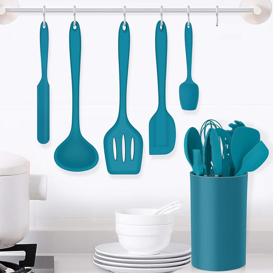 LIANYU 14 Pcs Cooking Utensils Set with Holder, Heat Resistant Silicone Kitchen Cookware Utensils Set, Kitchen Cooking Tools Includes Spatula Spoon Turner Whisk Tong, Dishwasher safe, Dark Blue - PuriLite