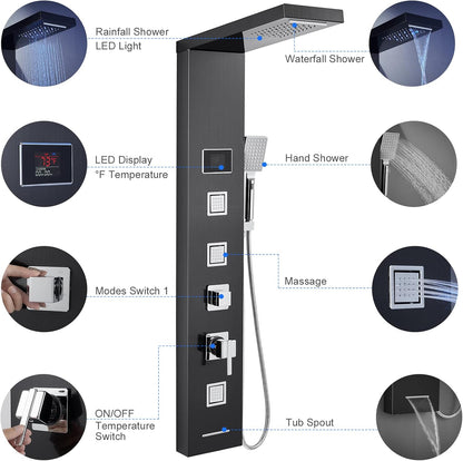 LED Shower Panel Tower System Black, MENATT 304 Stainless Steel 5-Function Shower Panel Rainfall Waterfall Shower Rain Massage System with Body Jets - PuriLite